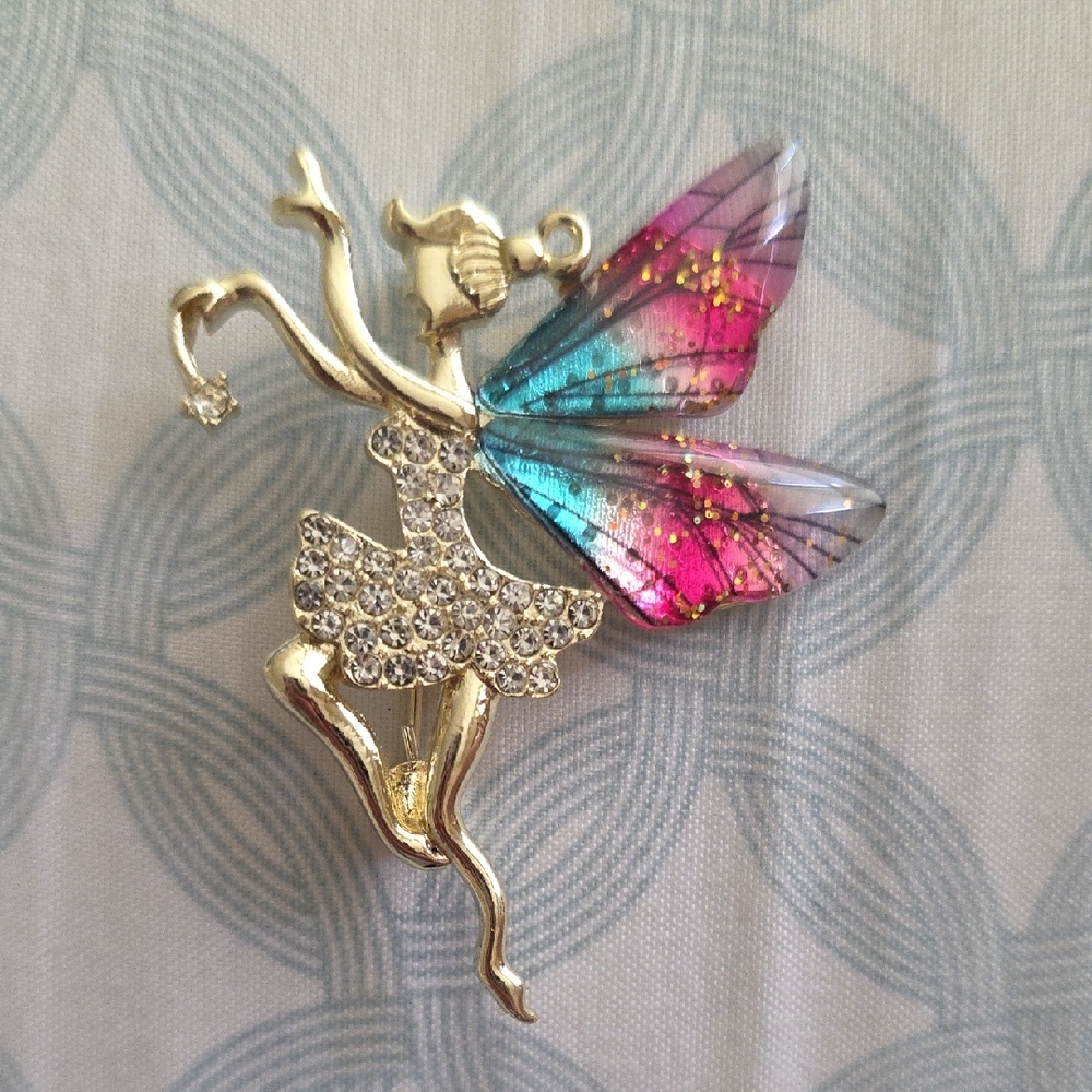 Gold Fairy Brooch with Pink and Blue Wings
